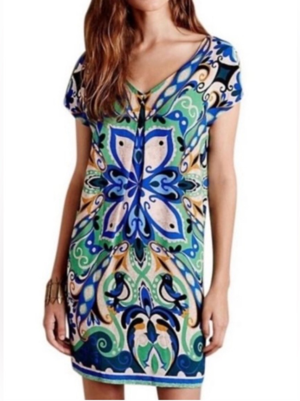 New Women’s Anthropologie Maeve Folksong Bird Blue Green Shift Boho Dress Size M
